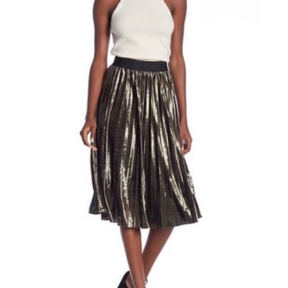 Ruff Hewn Metallic Pleated Midi Dress Bronze Black Silver XS
